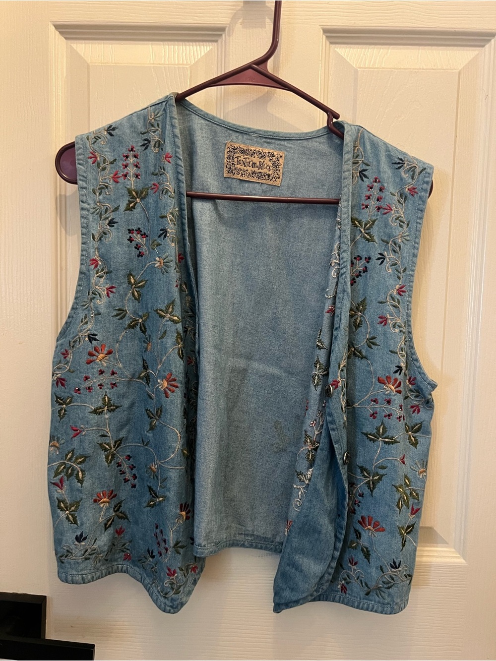 Embroidered Light Blue Denim Vest - Floral Open Front